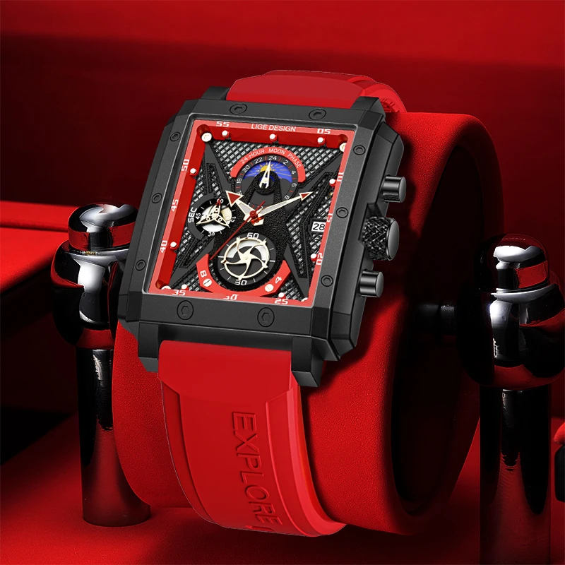 LIGE LG8965 luxury red male quartz watch cool rubber strap moon phase date display chronograph leisure wrist watch