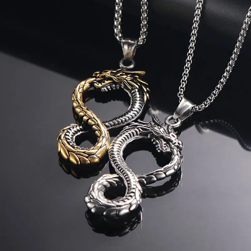 Vintage Silver Plated Dragon Pendant Necklace Unisex Stainless Steel Jewelry with Dragon Charms for Party Gifts for Men Women