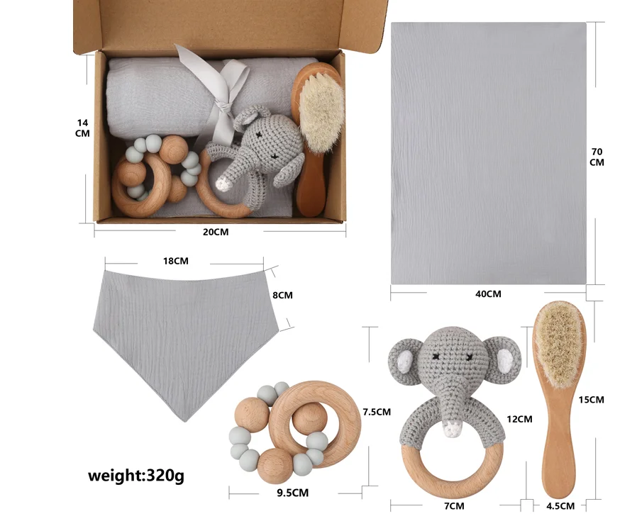 Hot Sale Baby Shower Set Gift Baby Bath Towel Hair Brush Bib Elephant Rattle silicone teether 6pcs  Set Wholesale