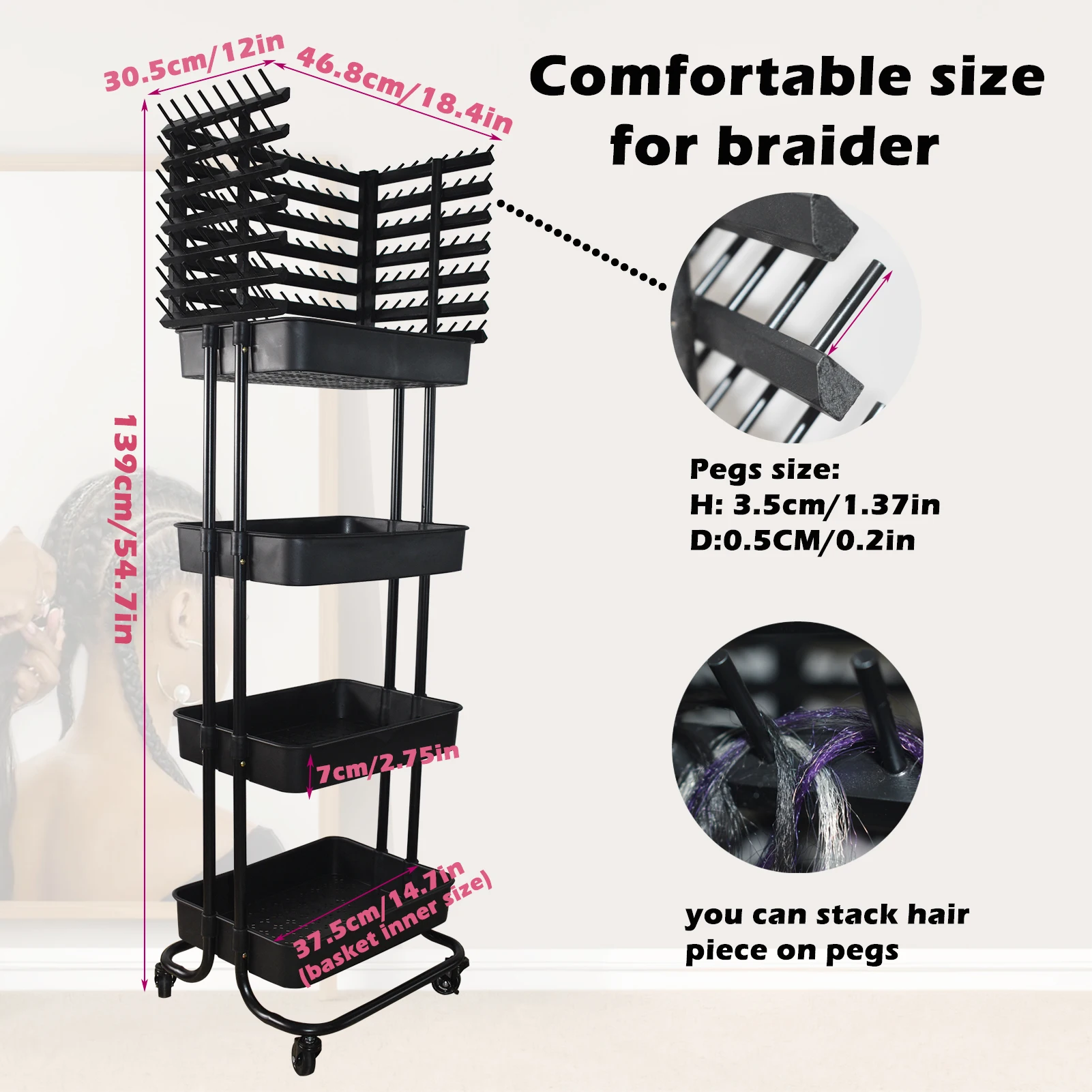 Braiding Hair Rack with 196 Pegs Braiding Rack with 4 Levels of Storage Space 4 Wheels Hair Racks for Braiders Standing