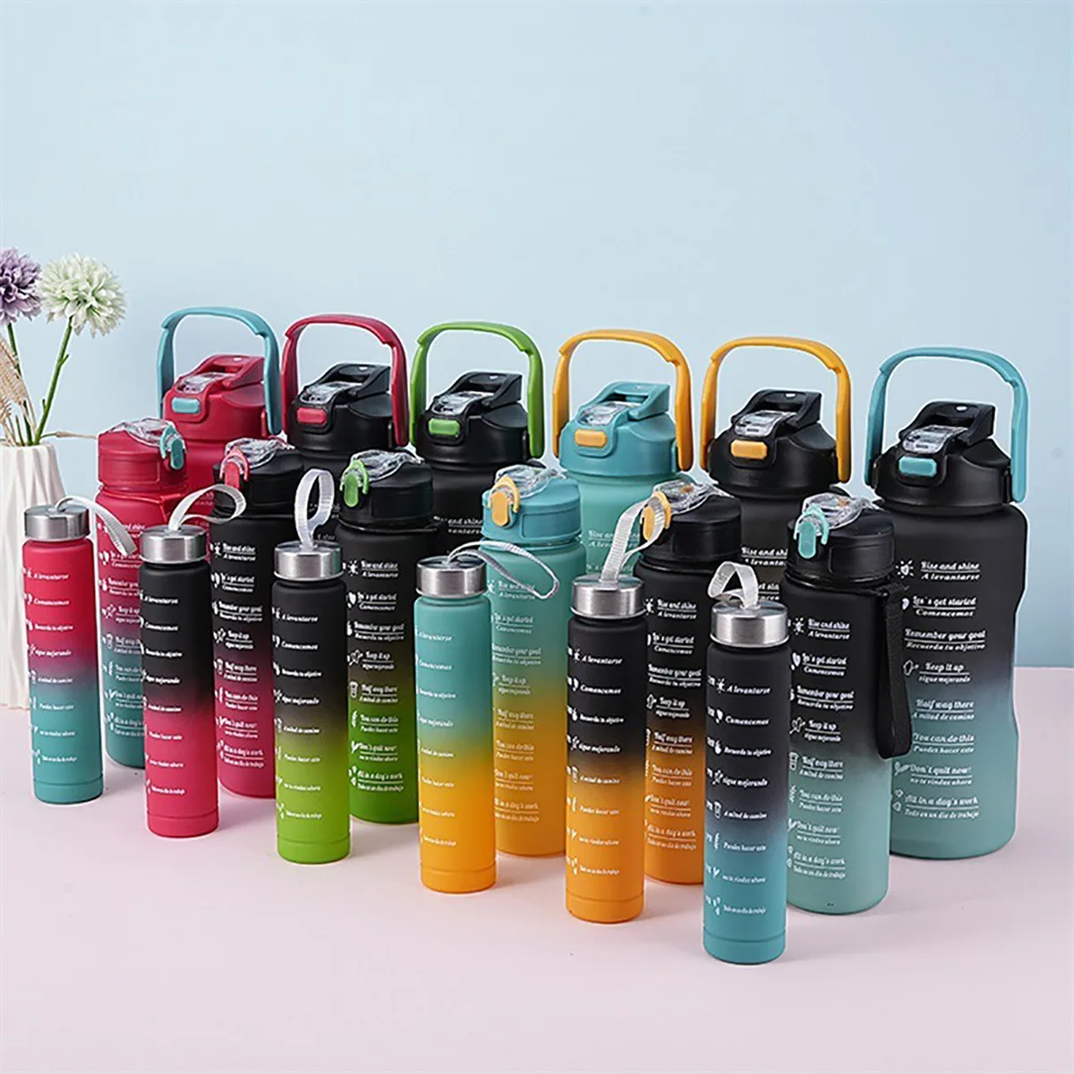 Peiway Factory Direct 2 Liter Plastic Sport Bpa Free Gym Set 3 pcs Motivational Water Bottle With Straw And Handgrip