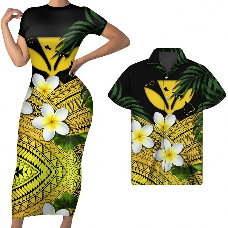 Love Orange Kanaka Maoli Tribal Polynesian Print Women Long Dress With Short Sleeve Match Men Shirts Summer Couple Clothing