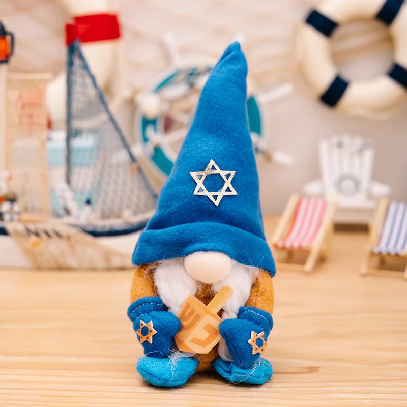 Hanukkah Decoration Ocean Blue Couple Dwarf Faceless Doll Holding Candlestick Chanukah Jewish Ornament Handmade Home Decoration