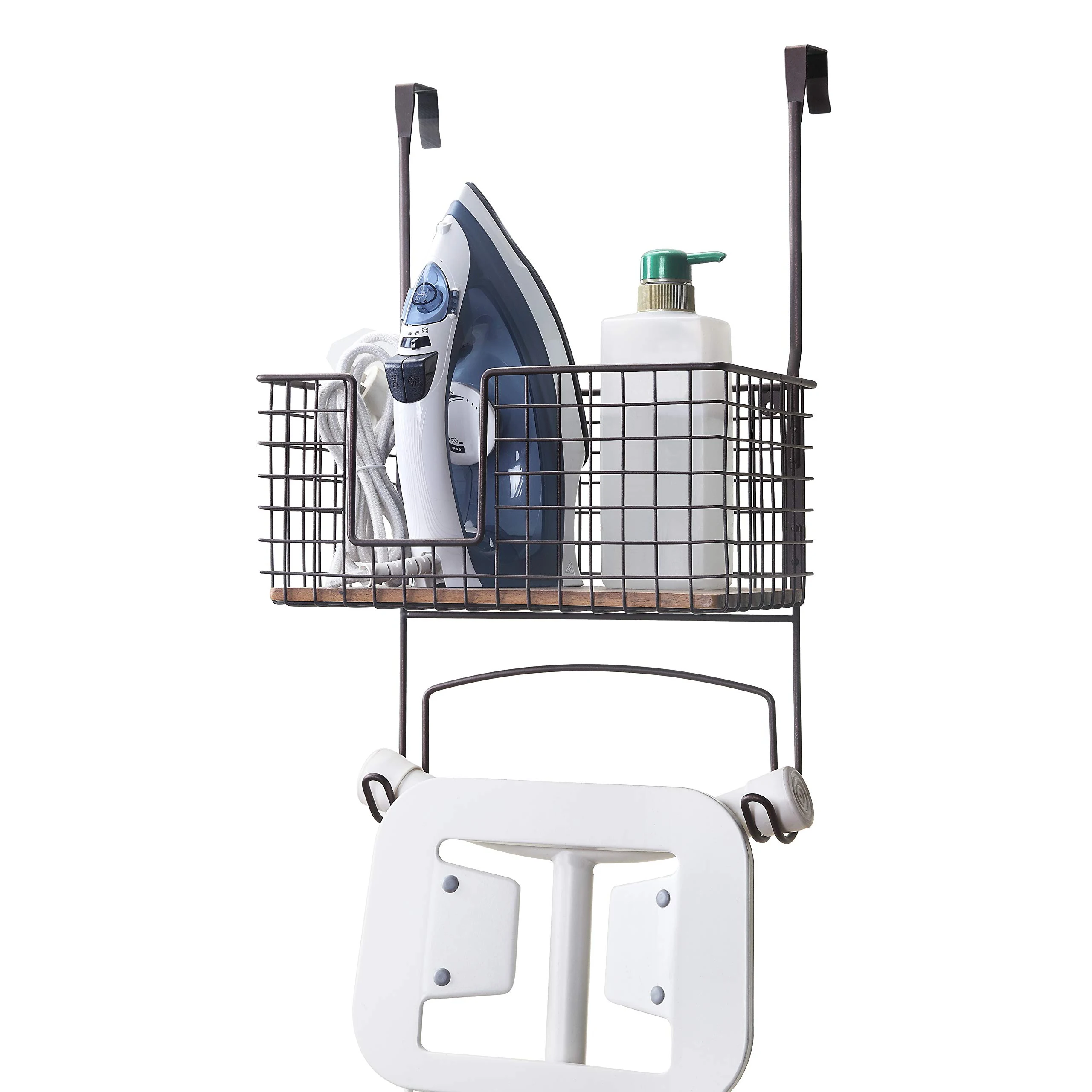Metal Wall Mount/Over The Door Ironing Board Holder with Large Storage Basket