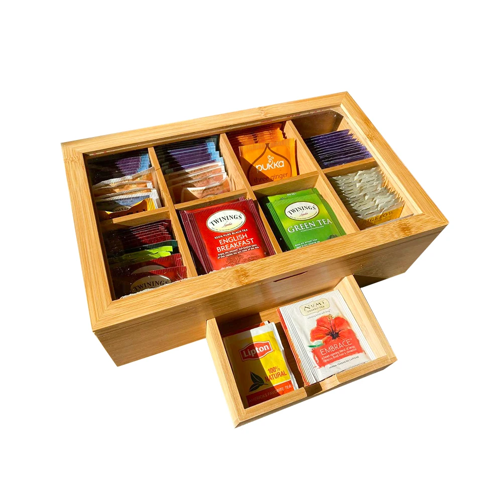 2022 Premium Bamboo Tea Bag Organizer Acacia Wooden Tea Box