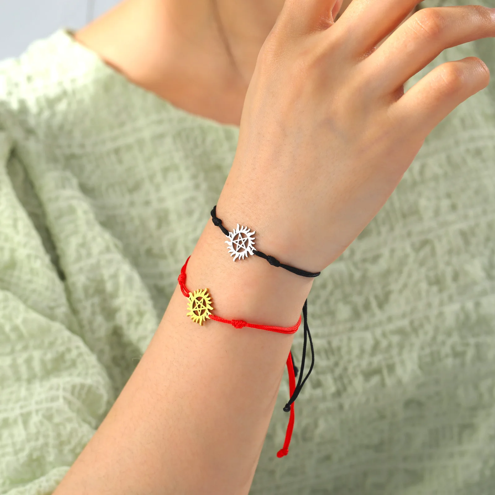 stainless steel silver 18k gold plated supernatural sun star charm bracelet macrame black cord red string rope charm bracelet