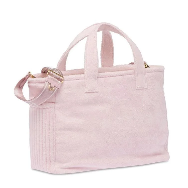 Custom Logo Interior Zip Pocket Pink Terry Fabric Terrycloth Women Tote Bag with Detachable Shoulder Strap