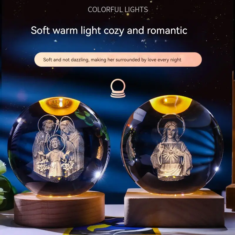 Jesus Crystal Laser Sculpted Ball Gift Decorated 3d laser sculpted crystal ball with Led light base christmas Crystal crafts