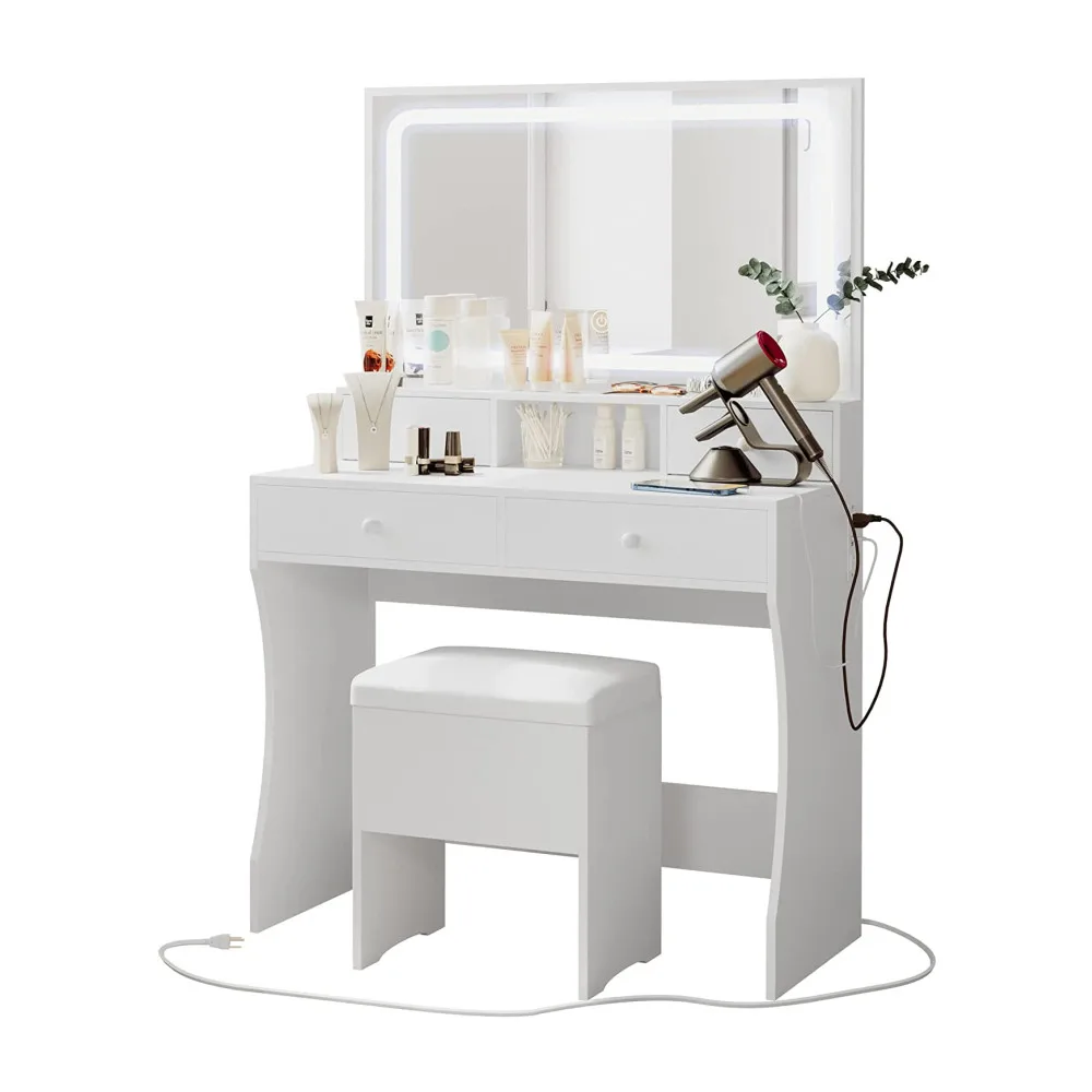 Bedroom Cabinet Vanity Desk Storage Stool Set Makeup Vanity Table Dressing Table with LED Lighted Mirror and Power Outlet