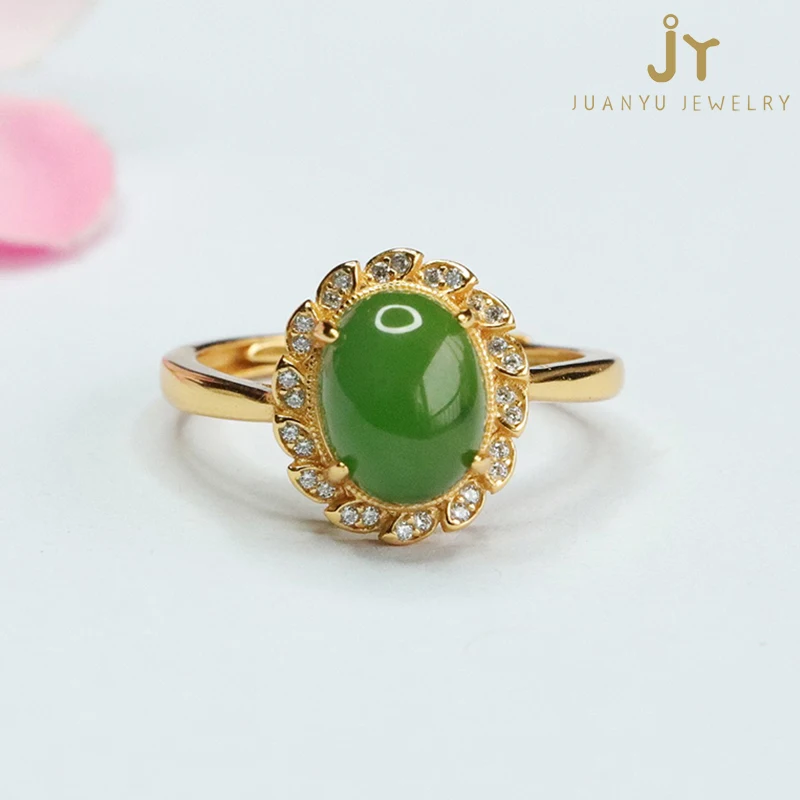 Jewelry Stone High Quality Hetian Jade Rings Leaf Shape Natural Stone Rings For Women Gold Plated S925 Silver Jasper Rings