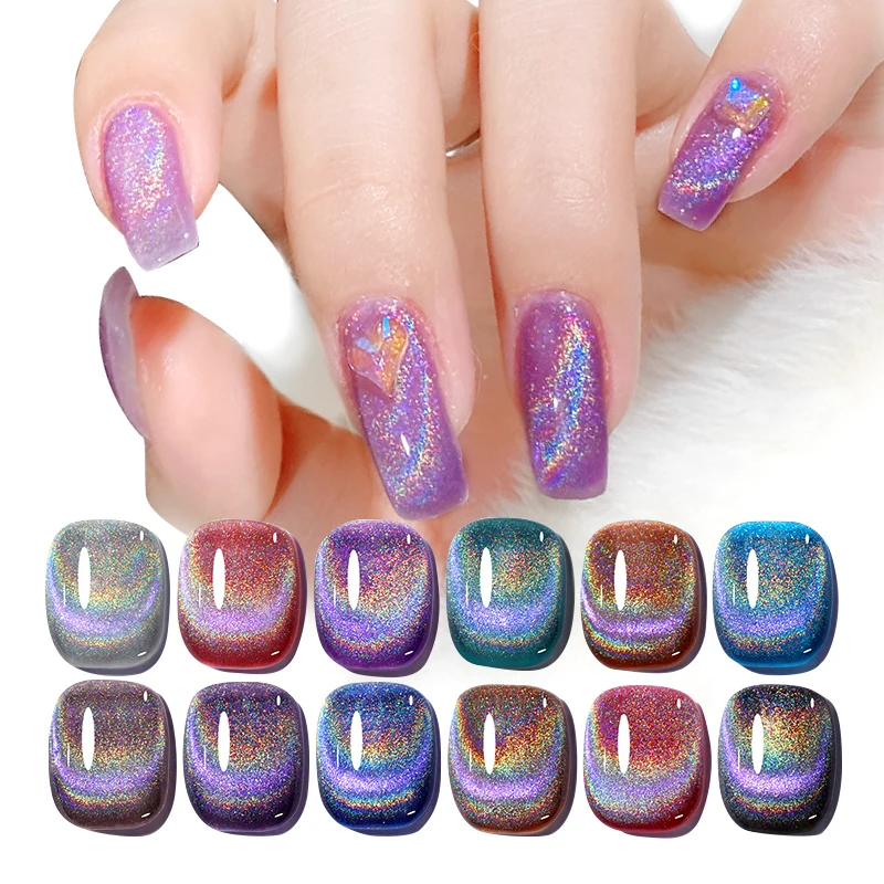 Custom high quality pure resin cat eye uv nail gel flash diamond colorful galaxy holographic cat eye gel