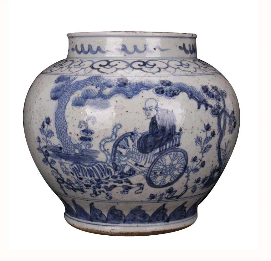 Antique Chinese Yuan Dynasty Blue and White Indoor Decorative Ceramic Planter Pot