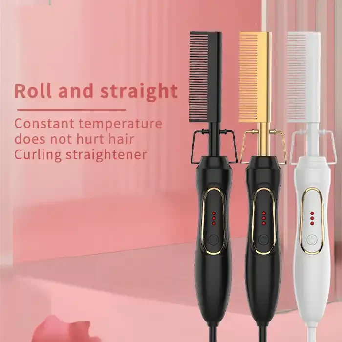 Professional Travel Electric Heatless Permanent Flat Irons Hot Comb Brush Automatic Curler Straightening Hair Straightener Comb