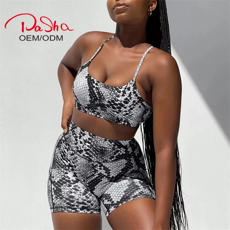 New Customized Crossover Plus Size Fitness 2 Piece Summer Snake Skin Animal Print Active Wear Scrunch Butt Yoga Shorts Set