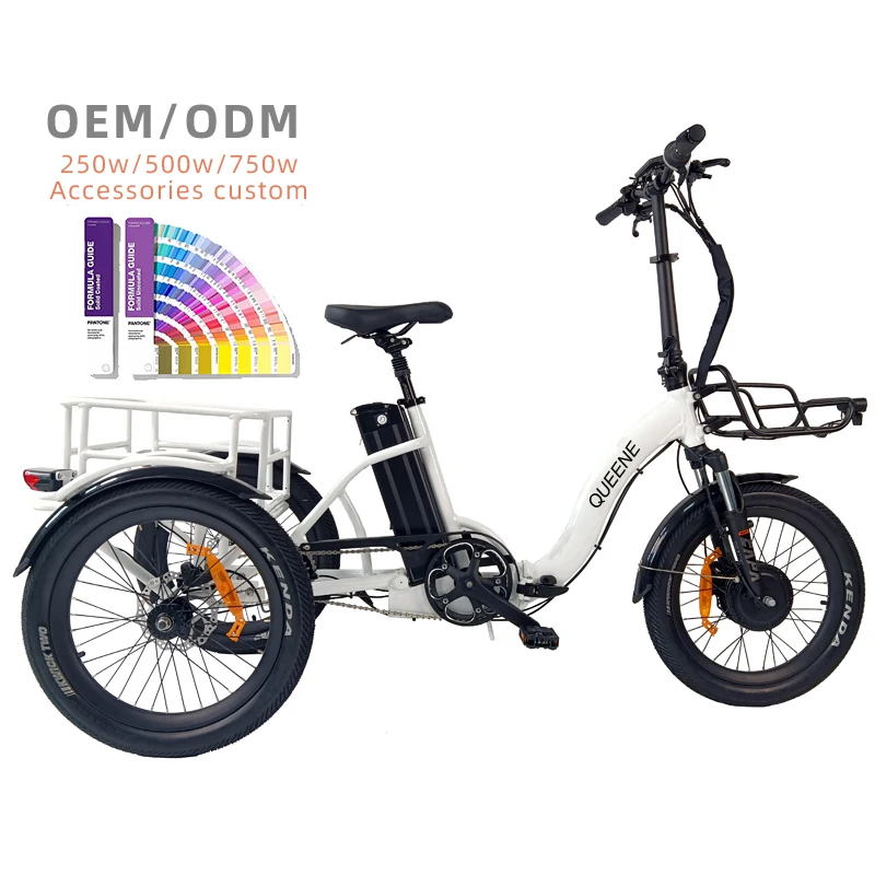 QUEENE Multi-purpose Alloy Aluminum Frame Lithium Battery Three Wheel Folding Trikes Fat Electric Bike With Big Basket