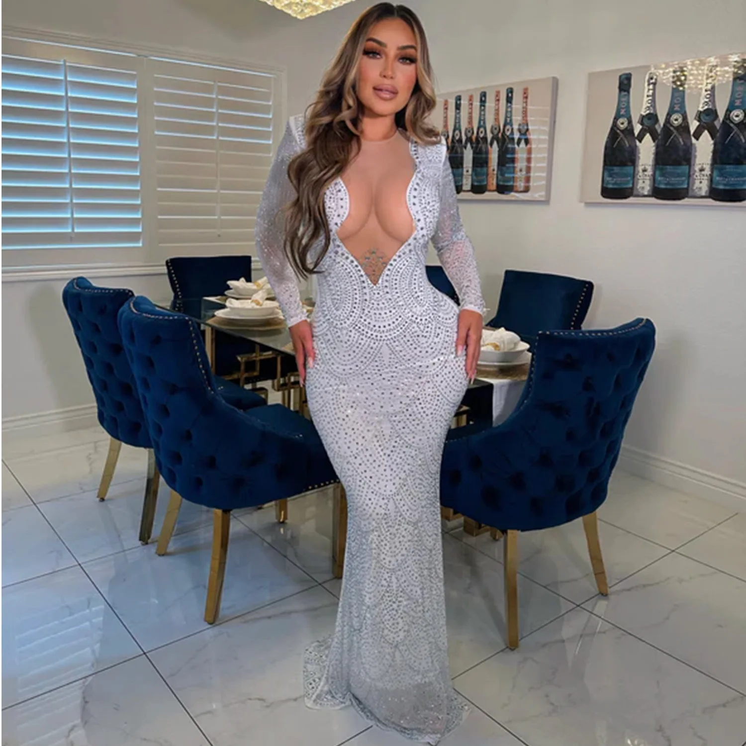 C240207 Elegant Long Sleeve Prom Dress White Rhinestone Train Evening Party Dresses Women