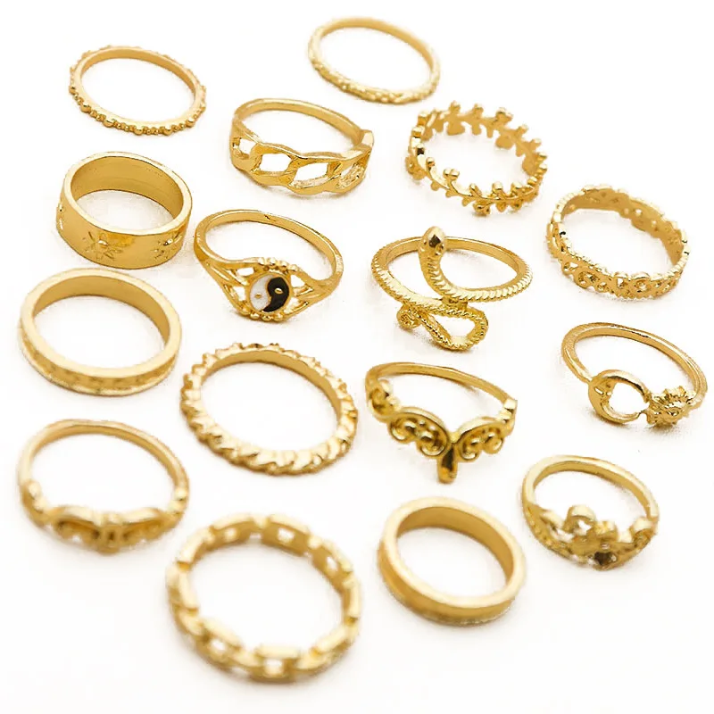 16pcs Knuckle Stacking Rings Set Vintage Retro Snake Sun Bohemian Joint Knot Midi Rings Jewelry Accessories