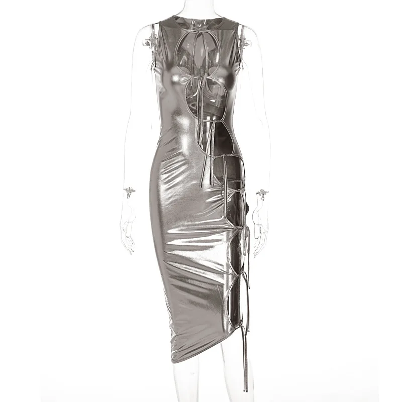 High Quality Women O Neck Sleeveless Sexy Hollow Out Lace Up Midi Dress Women Clothing Summer