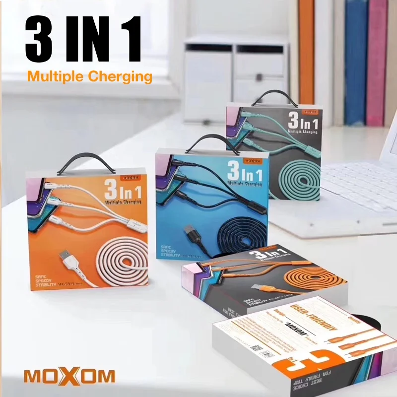 1m Long 2.4A Fast USB 3 in 1 Charging Cable MOXOM Data Line 24A Cable
