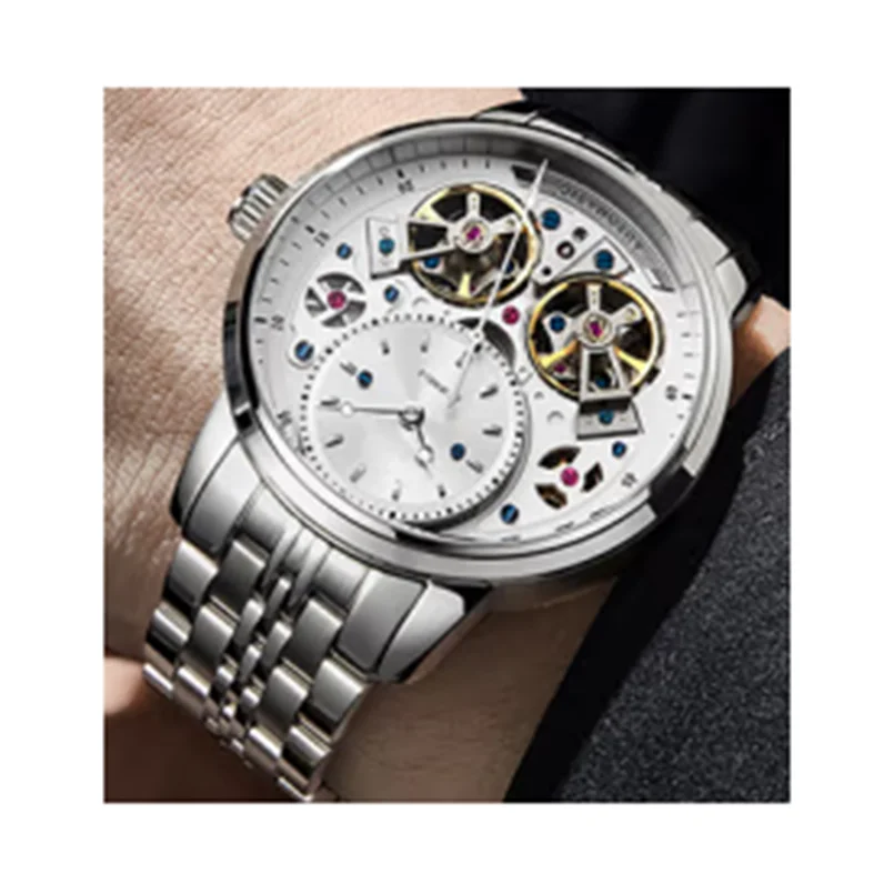 Пользовательские корпус из нержавеющей стали два скелета маховик водонепроницаемые мужские Бизнес Кварцевые часы