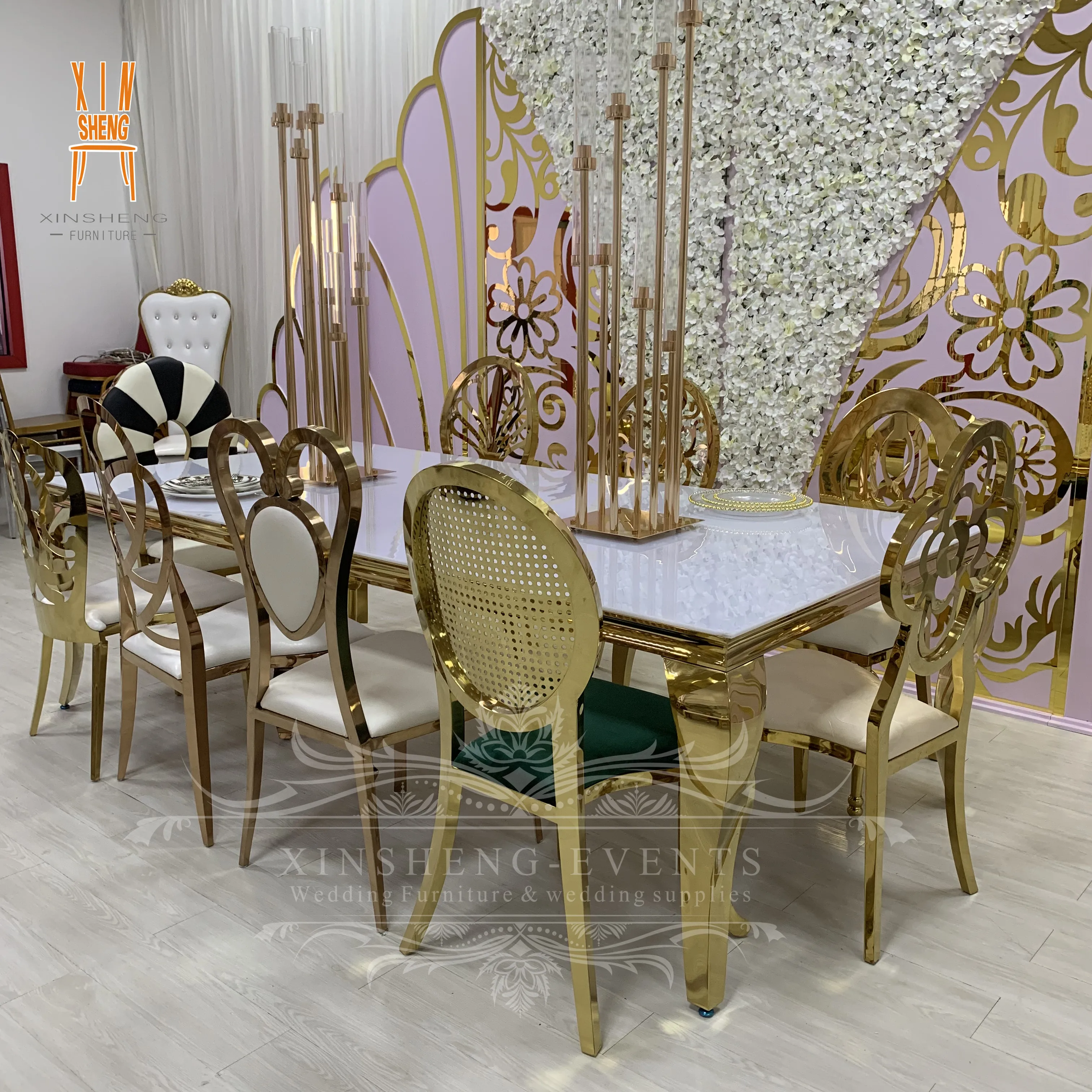 White MDF top with Gold Stainless Steel Legs Hotel Banquet Dining