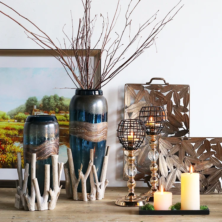 Оптовая продажа, ваза из голубого стекла для украшения дома, Современная ваза ручной работы для украшения дома