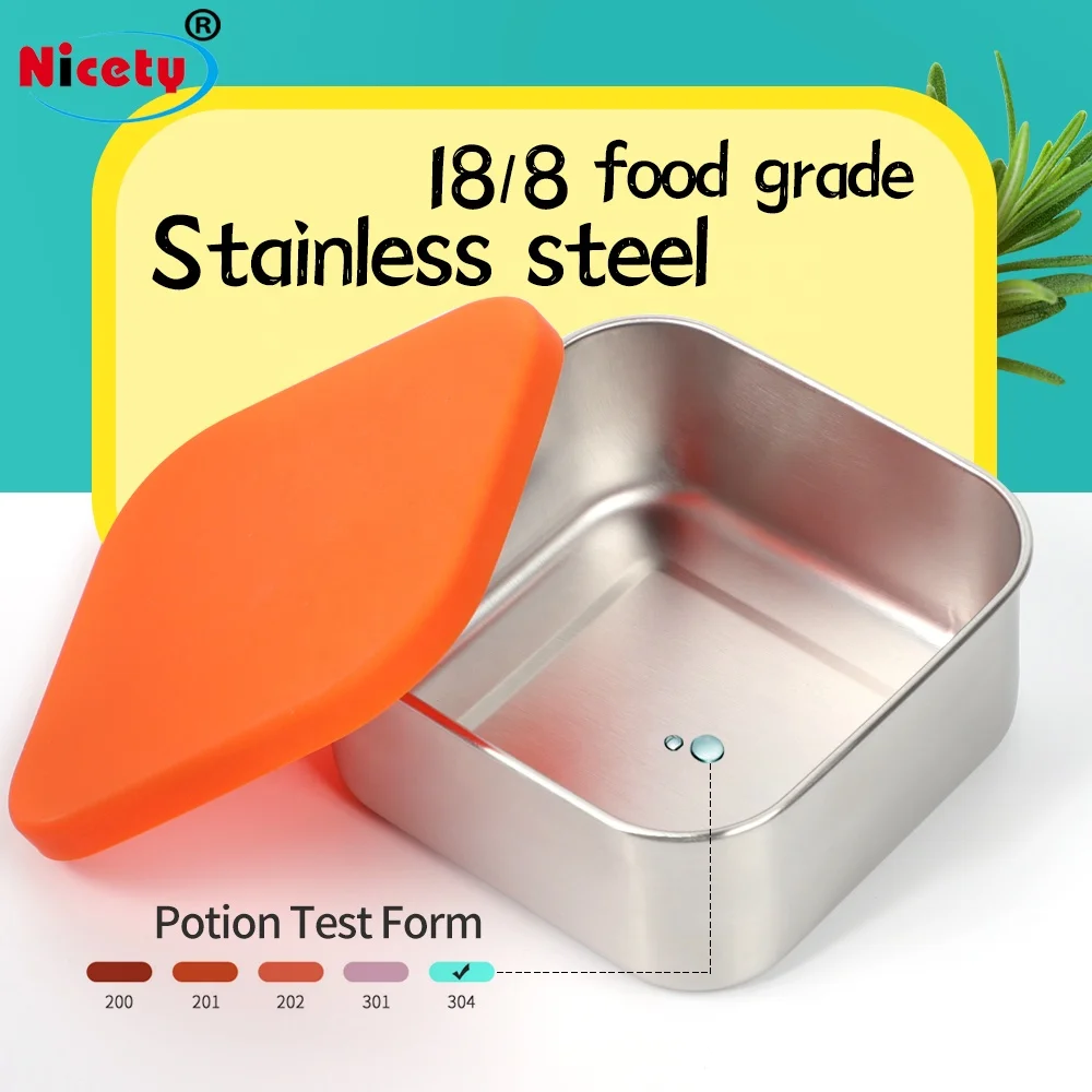 18/8 Stainless Steel Food Containers With silicone lid Medium Snack Quadrate Lunch Box For Kids Leakproof Lunchbox For Adults