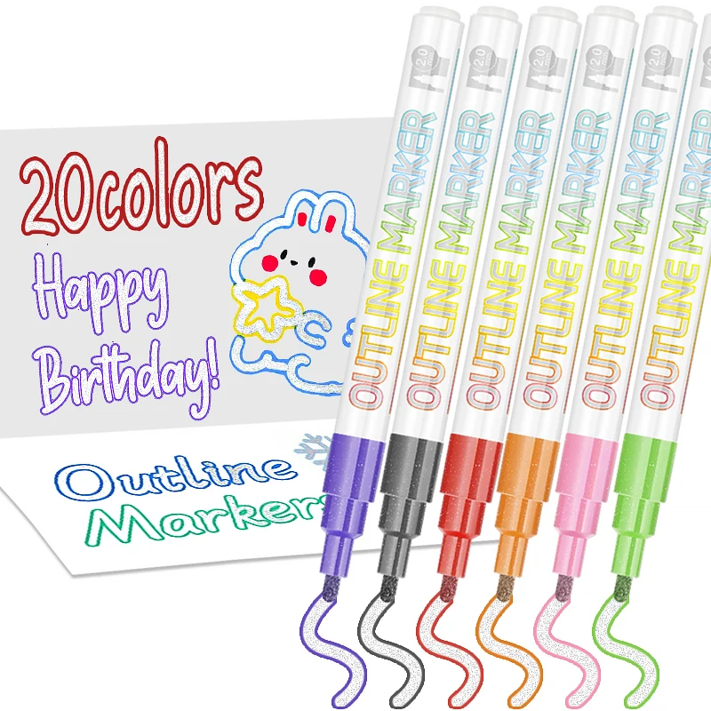 Customized Logo 20 Colors Silver double line marker pen set Metallic Outline Marker Pen