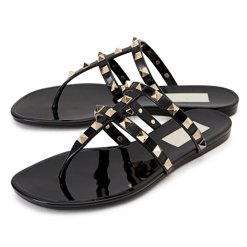 Luxury Ladies Rivet Two Belt Flat Flip Flop Sandal Hot Brand Name Outdoor Casual Jelly Shoes women Plastic Shoes Slipper