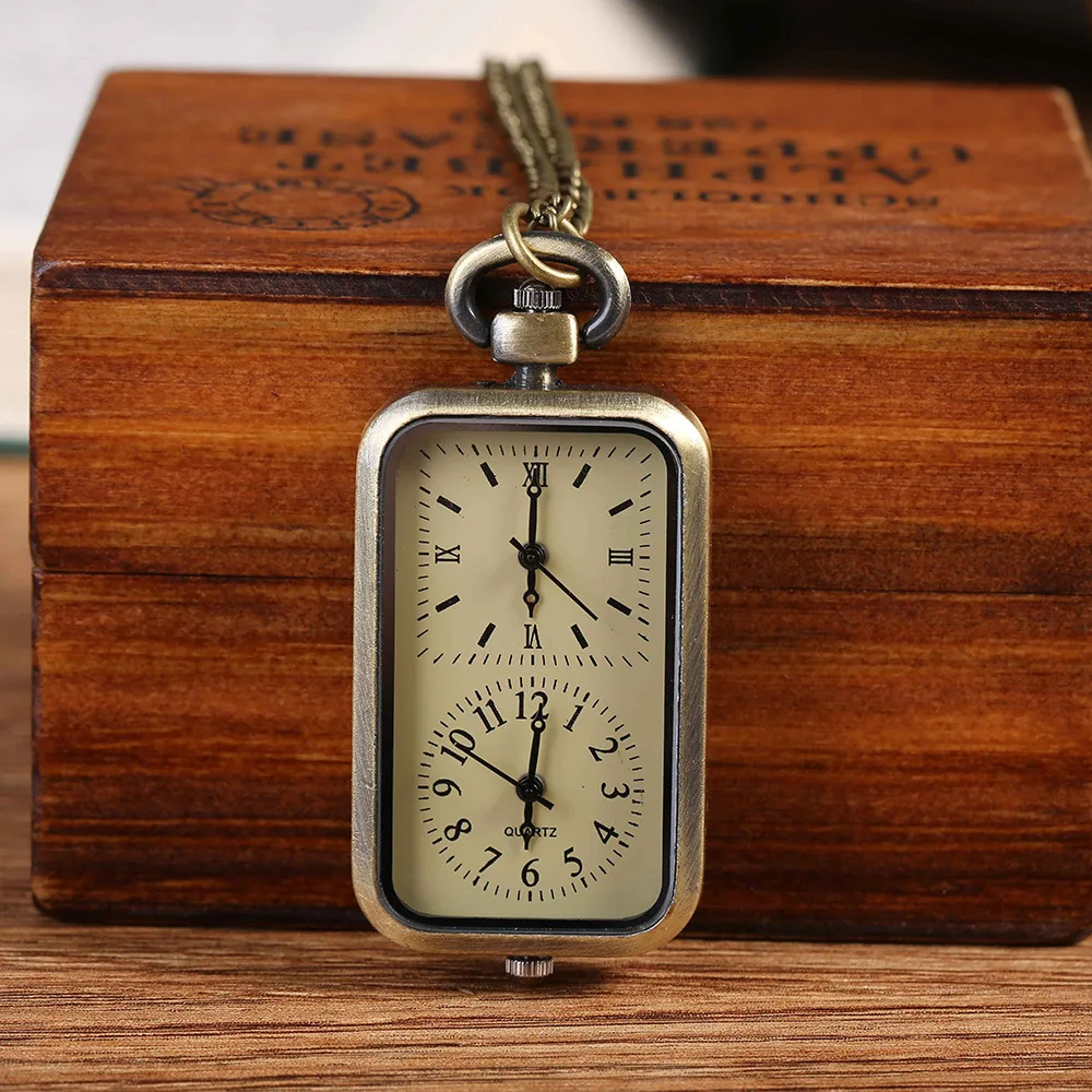 Vintage Bronze Quartz Pocket Watch Rectangle Double Movement Necklace Pocket Watch Antique Pocket Watches For Men