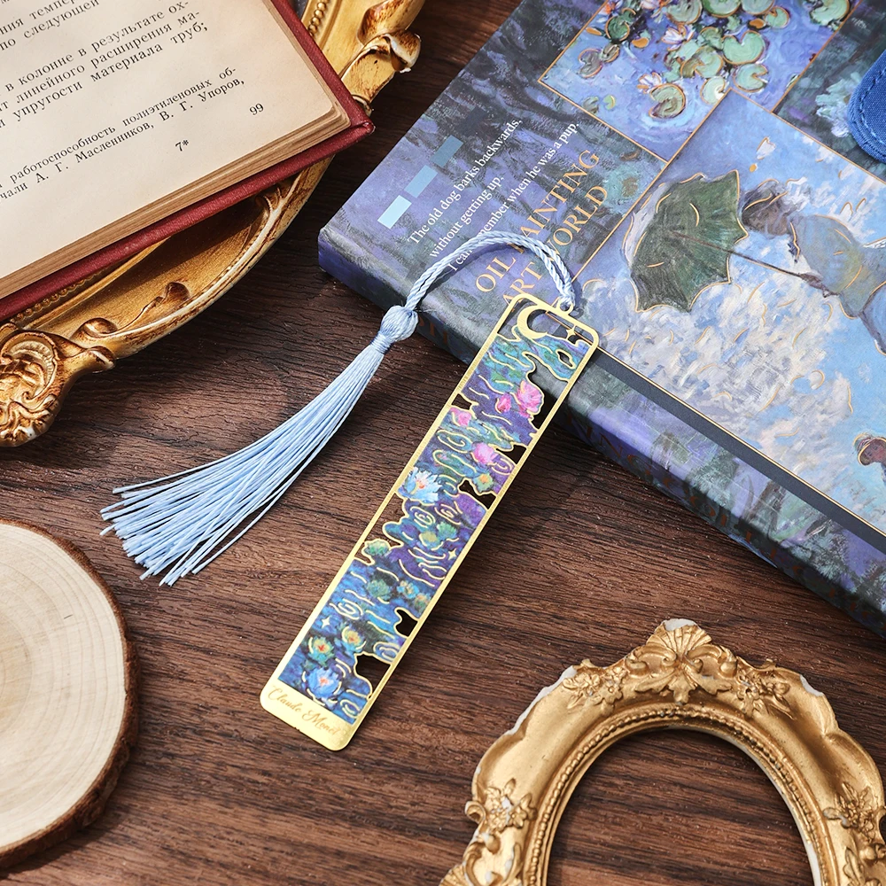 IMODA Stationery 1pc Water Lily Bookmark Hollow Painting Metal Book Mark With Tassel Gifts For Book Lovers Readers Writers