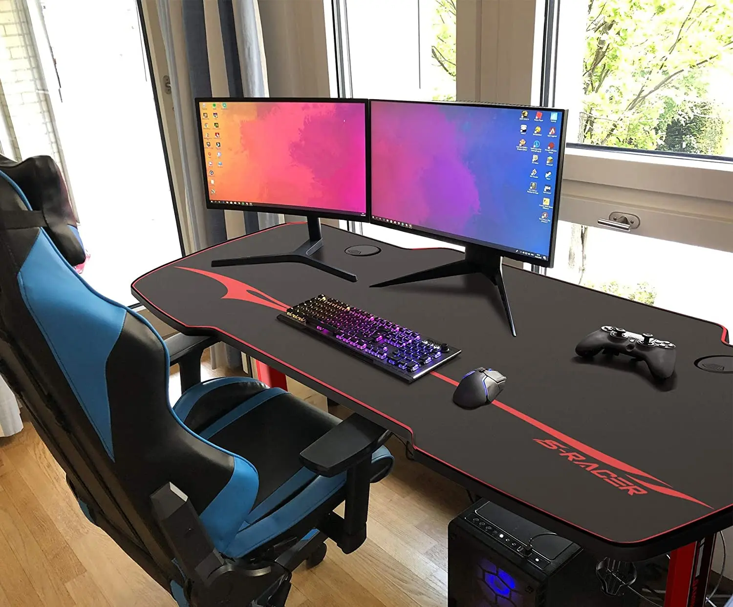 
T Shaped Game Station with Free Mouse Pad Gaming Handle Rack Cup Holder and Headphone Hook of Computer Gaming Desk 