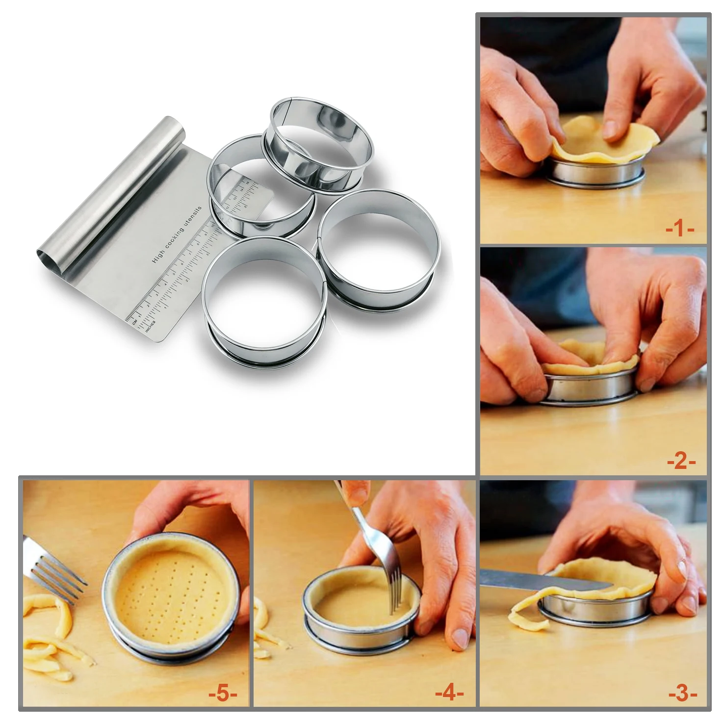 
E-PIN Stailess Steel Baking Utensil Set of 5, Frech Tart Ring and Dough Scraper set of 5 