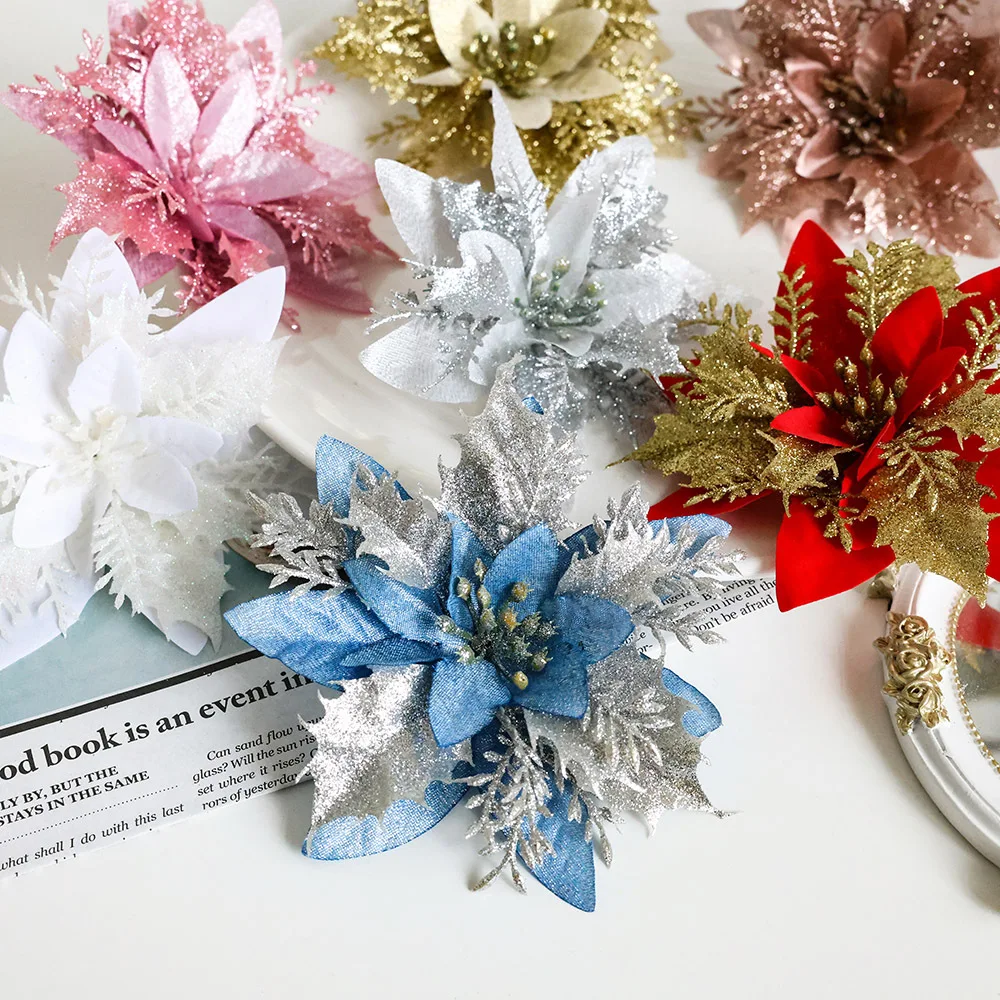 Party Decorations Velvet Floral Colorful Christmas Tree Flowers Poinsettia Flower Artificial Christmas Ornament