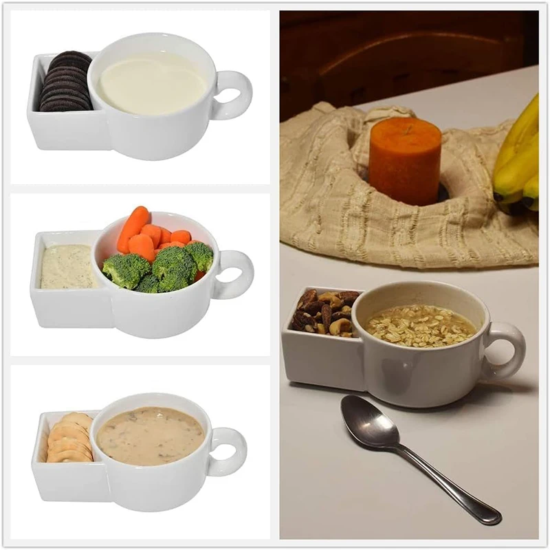 Ceramic Soup And Cracker Mug Pure White Cereal Bowl Veggies Chips French Fries Snack Cup With Sauce Plate