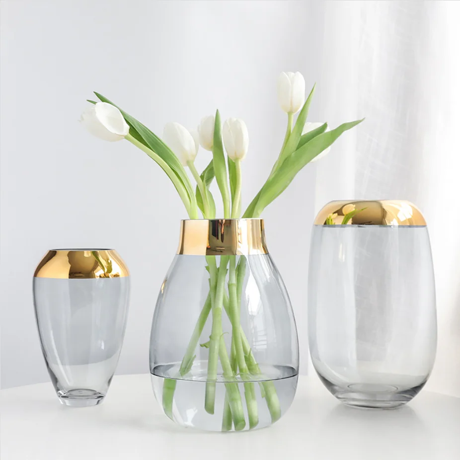 Modern minimalist vases for home decor classic transparent glass flower vase with gold edge light luxury decoration glass vase