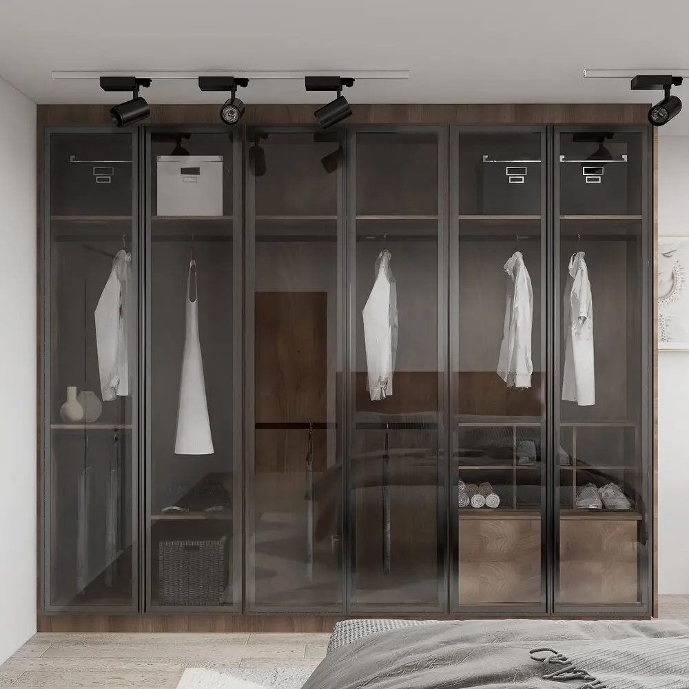 New Modern Luxury LED Light Bedroom Furniture Closet Glass Open Doors Walk In Wardrobe Design
