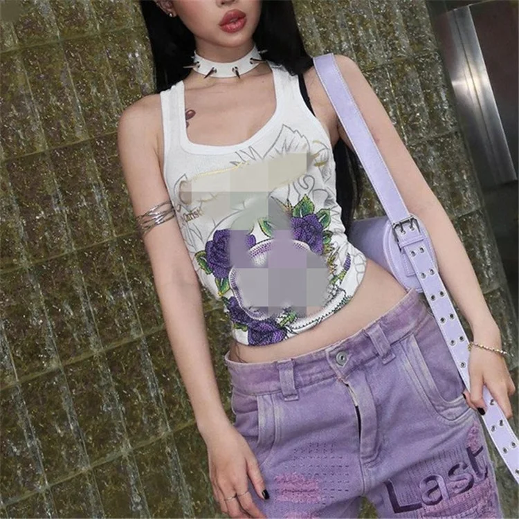 Summer Skull Print Square Collar Sleeveless Casual Tops Tank Tshirt