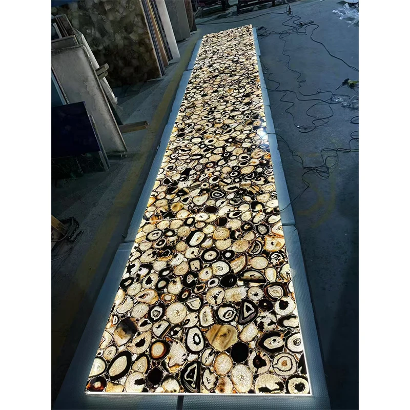 Translucent Backlit Natural Agate Slab with Glass Panel Customized Backlit Brown Agate Gemstone Stone Slabs