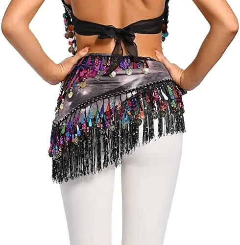Belly Dance Hip Scarf with Tassels Sequins Triangle Coins Wrap Skirt Music Festival Clothing Stage Performance Accessories
