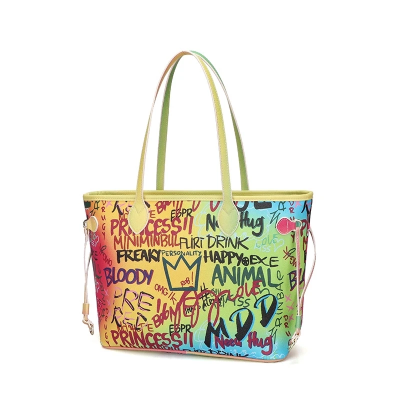 
Wholesale China factory hot sale fashion colorful printed lady hand bag on sale large capacity big graffiti purses handbag 