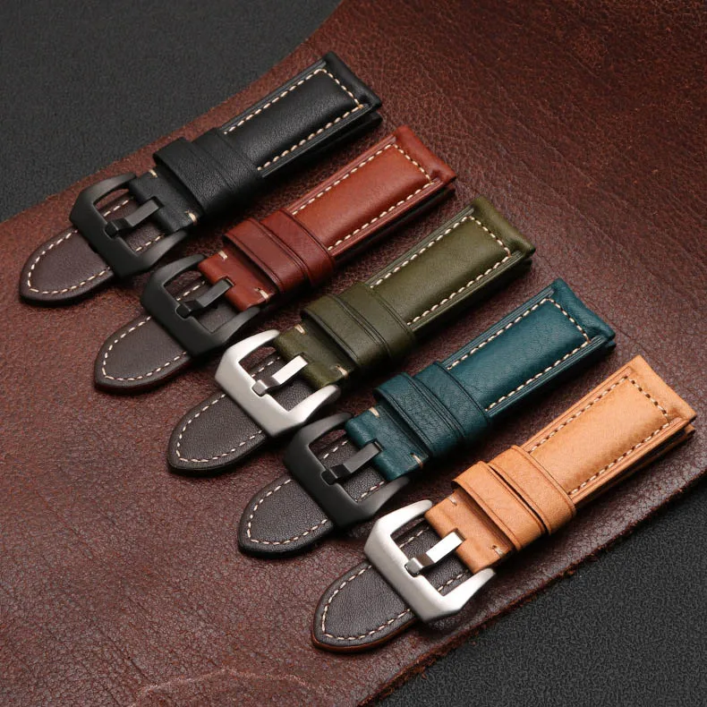 Handmade Stitching Italian Oil Wax Genuine Leather Watch Bands 22mm Soft Padding Cowhide Leather Watch Strap Quick Release