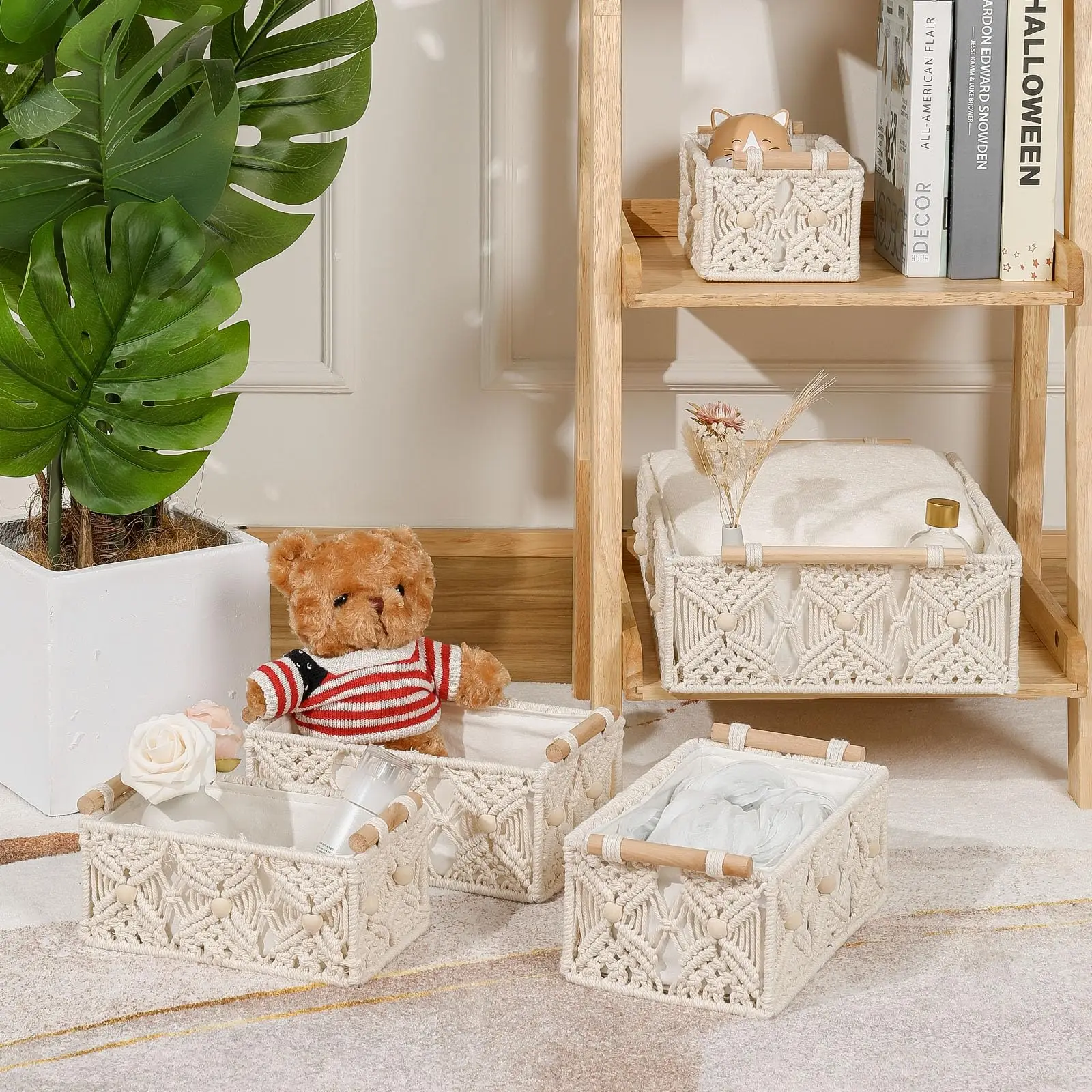 Macrame Storage Baskets Sets 2 Handmade Woven Cotton Rope Storage Bins Decorative Boxes with Wood Handlesfor g