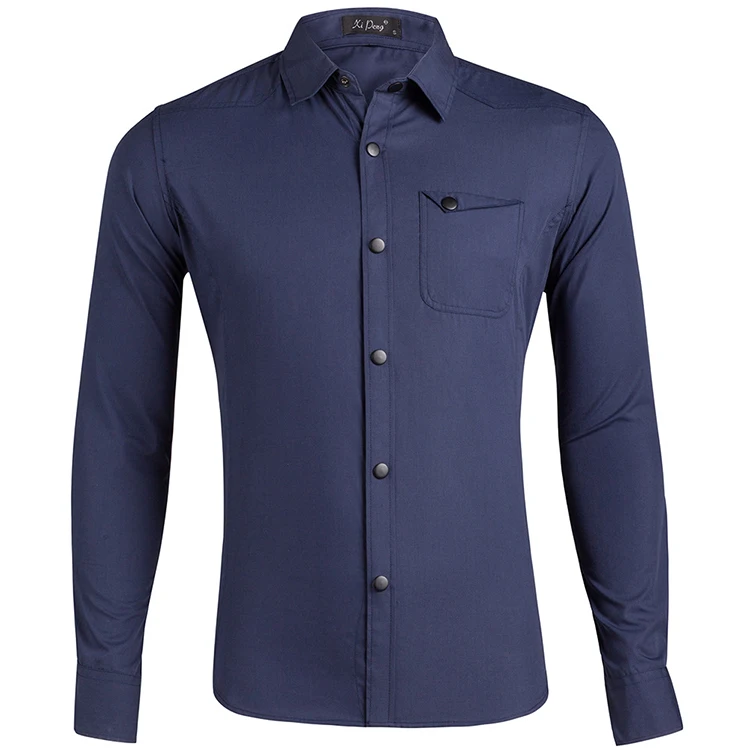Мужская однотонная деловая рубашка из 100% хлопка, с отложным воротником и длинными рукавами, с металлическими пуговицами