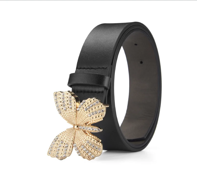 High Quality Butterfly Buckle Rhinestones  Belt Fashion Womens Synthetic Leather Belt Casual Jeans Belt