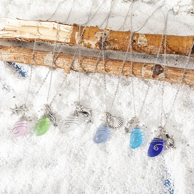Beach Ocean Style Sea Horse Starfish Dolphin Turtle Shell Alloy Pendant Pearl Necklace Jewelry Colorful Sea Glass Necklace