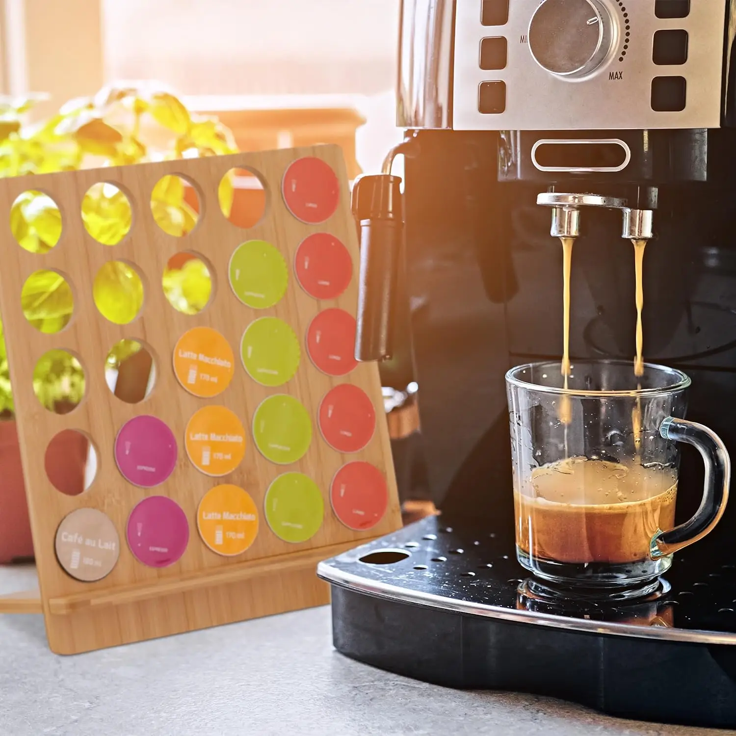 Office and Kitchen Countertop Bamboo Coffee Pod Storage Rack Coffee Pod Holder Coffee Capsules Colder for Dolce Gusto