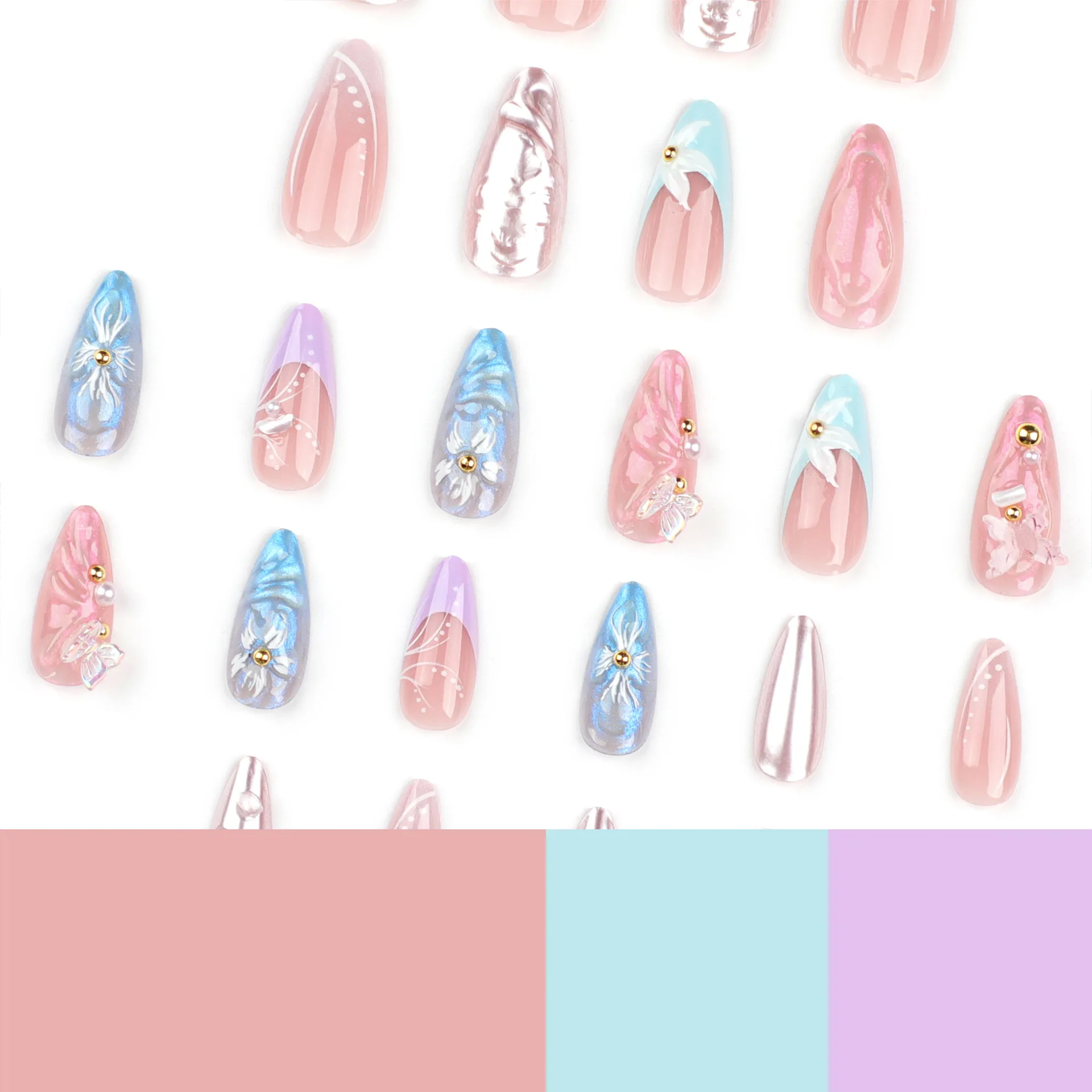 Glossy Gold Pearls  Almond Acrylic False Nails24Pcs 3D Flower Press on Nails Gel Glue on Nails 3D Full Cover Fake Nails