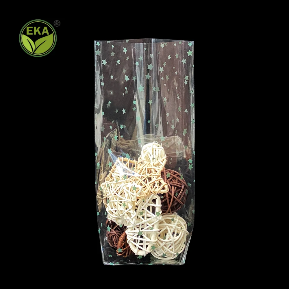 Custom Logo Christmas Transparent Cellophane Flat Bottom Food Bags Opp Clear Plastic Candy Bag With Twist Tie