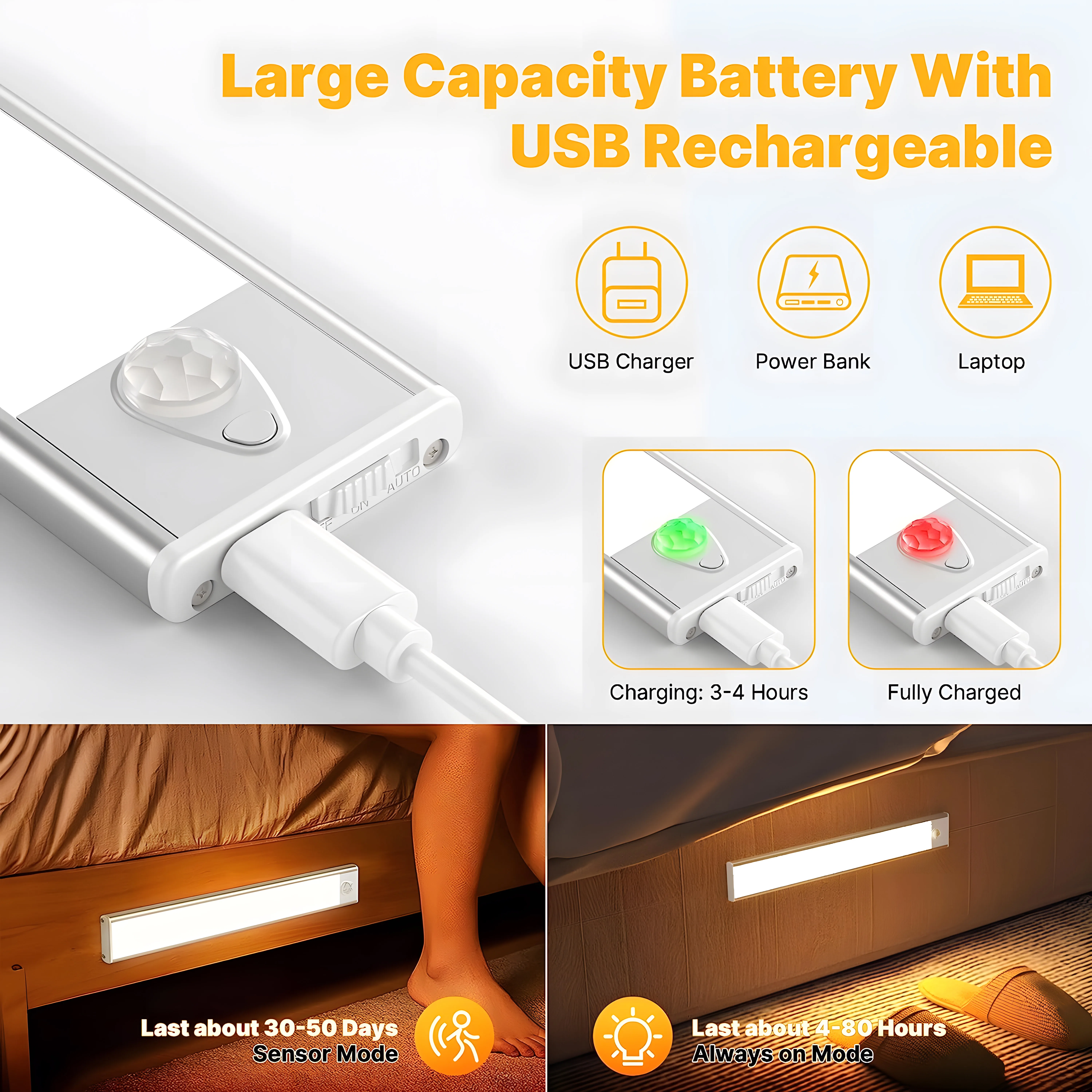 Rechargeable Magnetic Wireless Self-Adhesive Three-Color Induction Kitchen Lamp Sensor Home Use-for Cabinet Wardrobe Wine